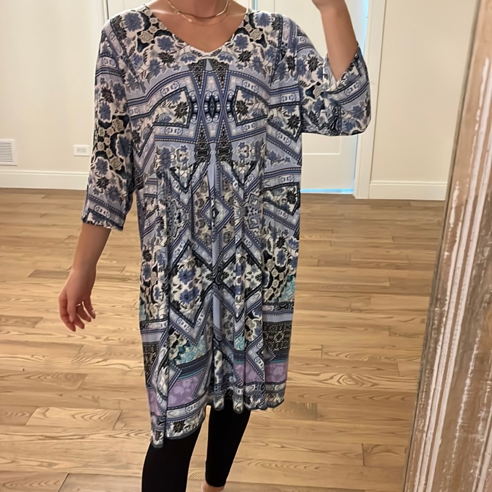 J JILL ~ Stretch Lapis Artisan Printed Jersey Tunic dress size XL